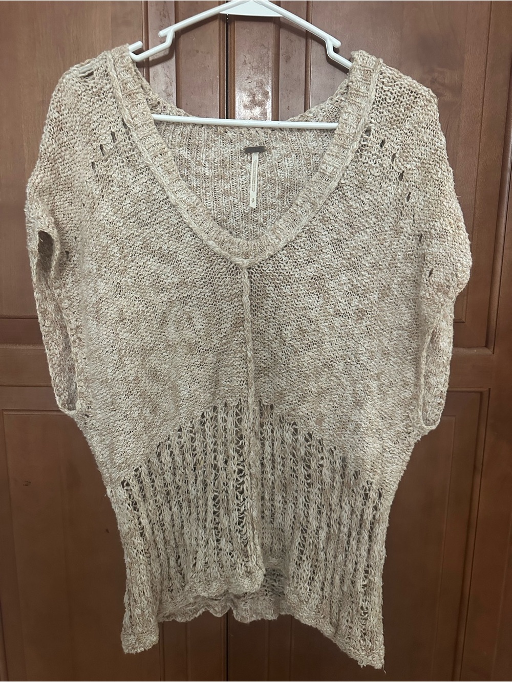 Free People Neutral Cream Open-Weave V-Neck Sweater